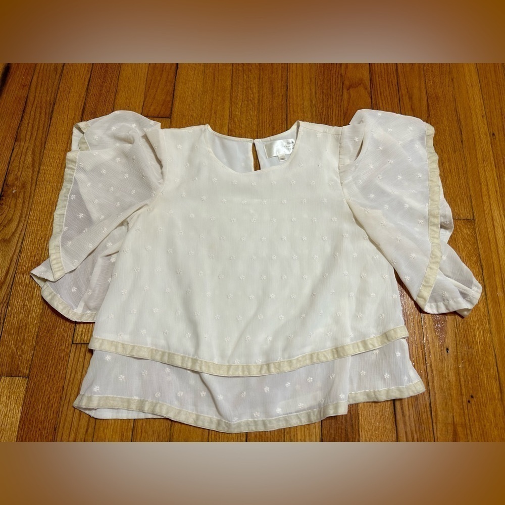 JOA Womens Off White Chiffon And Velvet Tiered Swiss Dot Flower Blouse Small